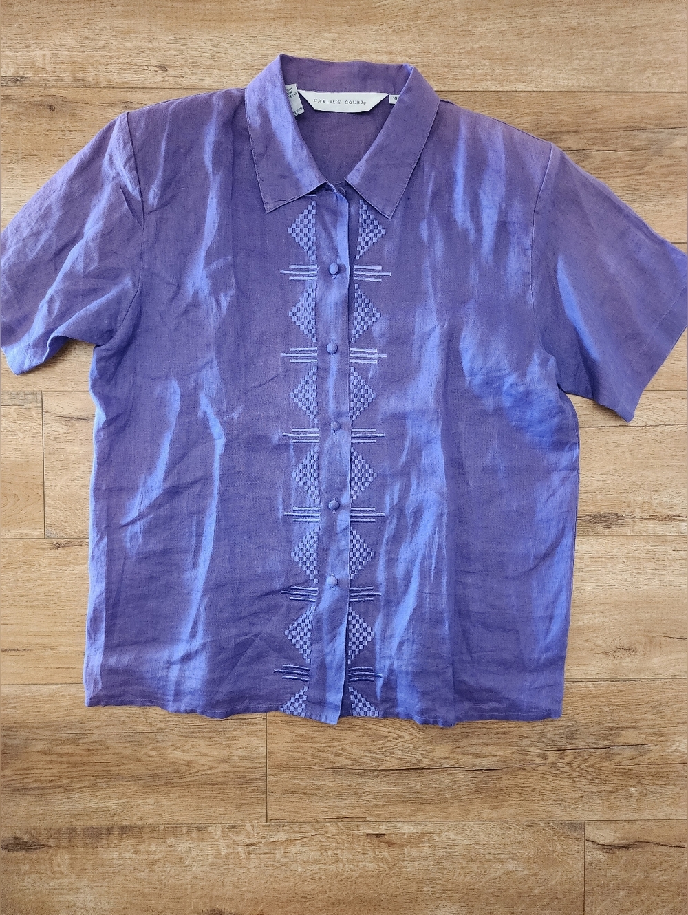 Carlie's Court 100% Linen Purple Ombre Embroidered Button Up Shirt Blouse Sz 10